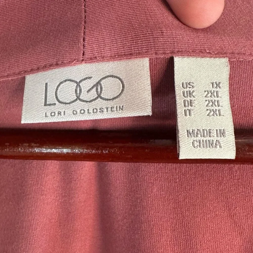 LOGO Lori Goldstein Rose Pink Jersey Cardigan Women’s 1X Mixed‎ Media Lace Back